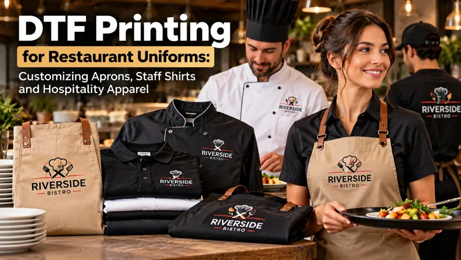 Custom restaurant aprons, chef jackets and staff shirts featuring DTF printed logos for hospitality businesses.